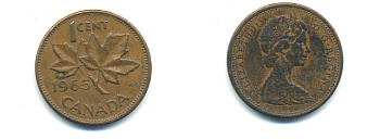 Канада 1 цент 1965 Елизавета II (1952-2022), кленовый лист KM 59.1 бронза 177-1331