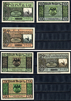 Арысь (Пруссия, Восточная Пруссия) полный набор из 3 нотгельдов (25, 50 и 75 пфеннигов) 1921 Mehl Grabowski 47.1a бумага UNC (пресс) 7556-46-2-2