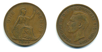 Великобритания 1 пенни 1946 Георг VI (1936-1952) KM 845, Spink 4114 бронза 540-643
