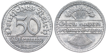 Германия 50 пфеннигов 1921 D KM 27, J. 301 алюминий aUNC 4114-845
