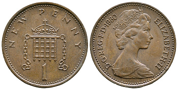 Великобритания 1 пенни 1980 Елизавета II (1952-2022) KM 915, Spink 4237 (B1) бронза 4383-144