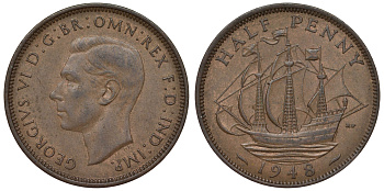 Великобритания 1/2 пенни 1948 Георг VI (1936-1952) KM 844, Spink 4115 бронза 4681-115