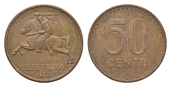 Литва 50 центов (сентов) 1991 год-тип KM 90 бронза 4689-1067
