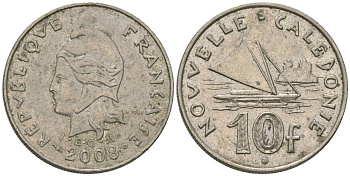 Французская Новая Каледония 10 франков 2008 рыбачья парусная лодка, (IEOM) KM 11a, Schoen 13a, Lec 99k медно-никель 60-247