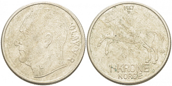 НОРВЕГИЯ 1 КРОНА 1967 КМ 409 медно-никель 77-447