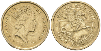 Остров Мэн 1 фунт 1987 рыцарь на лошади, Елизавета II (1952-2022), редкая KM 182 никель латунь 4619-151