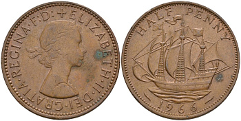 Великобритания 1/2 пенни 1966 Елизавета II (1952-2022) KM 896, Spink 4158 бронза 4153-845