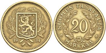 Финляндия 20 марок 1934 S KM 32 алюминиевая бронза 82-1012