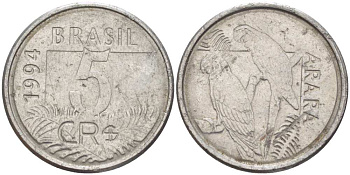 БРАЗИЛИЯ 5 КРУЗЕЙРО РЕАЛ 1994 РЕФОРМА 1993-1994, ПОПУГАИ АРА KM 627 нержавеющая сталь 4388-256