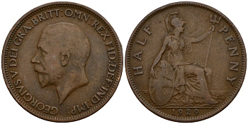 Великобритания 1/2 пенни 1929 Георг V (1910-1936) KM 837, Spink 4058 бронза 4601-427