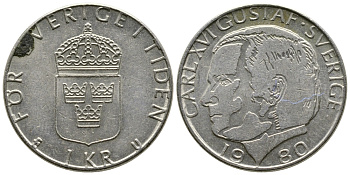 Швеция 1 крона 1980 Карл XVI Густав (1973- ) KM 852 медь плакированная медно-никелем 91-231