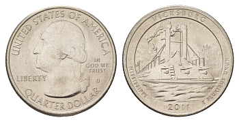 США 25 центов (квотер, 1/4 доллара) 2011 D, Квотеры «Парки США» - Национальный парк Виксбург KM 497 медь плакированный медно-никелем UNC 4629-226