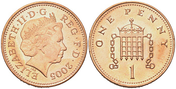 Великобритания 1 пенни 2005 Елизавета II (1952-2022) KM 986, Spink 4710 (B5) сталь плакированная медью UNC 4614-814