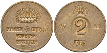 Швеция 2 эре 1955 TS, Густав VI Адольф (1950-1973) KM 821 бронза 4513-1251