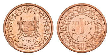 Суринам 1 цент 2004 тираж 4.000 экземпляров KM 11b сталь плакированная медью BU 4649-952
