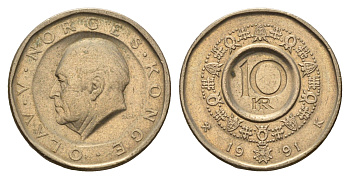 Норвегия 10 крон 1991 Улаф V (1957-1991) KM 427 никель латунь 190-1022
