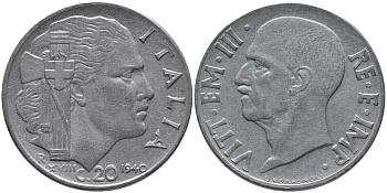 ИТАЛИЯ 20 ЧЕНТЕЗИМО 1940 R, ВИКТОР ИМАНУИЛ, XXII ГОД, МАГНИТНАЯ KM 75b нержавеющая сталь 86-725