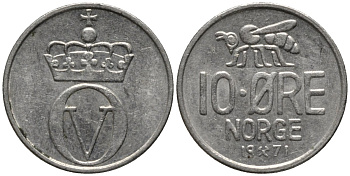 Норвегия 10 эре 1971 пчела, Улаф V KM 411 медно-никель 211-847