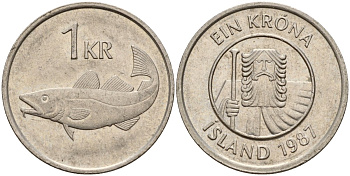 Исландия 1 крона 1987 треска KM 27 медно-никель 4141-147