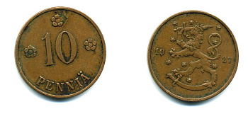 Финляндия 10 пенни 1927 республика (1918-1962) KM 24 медь 46-1554