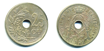 БЕЛЬГИЯ 25 САНТИМОВ 1921 BELGIQUE KM 68.1 медно-никель 59-1623