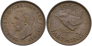 Великобритания 1 фартинг 1950 Георг VI (1936-1952) KM 867, Spink 4119 бронза 4596-1026