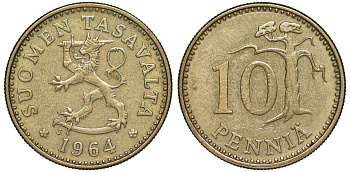 ФИНЛЯНДИЯ 10 ПЕННИ 1964 S KM 46 алюминиевая бронза 3334-1119