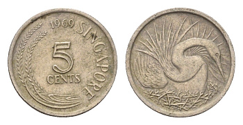 Сингапур 5 центов 1969 большая белая цапля KM 2 медно-никель 4549-539