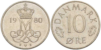 Дания 10 эре 1980 Маргрете II (1972-2024) KM 860.2 медно-никель 4387-1225