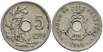 БЕЛЬГИЯ 5 САНТИМОВ 1905 BELGIQUE KM 54 медно-никель 4396-354