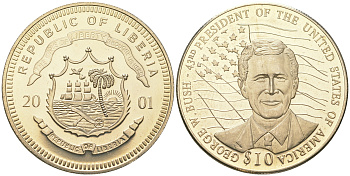 Либерия 10 долларов 2002 43-й президент США Джордж У. Буш KM 654 медно-никель  UNC  1099-3-63