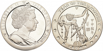 Остров Мэн 1 крона 2004 год обезьяны KM 1238 медно-никель UNC 74-314