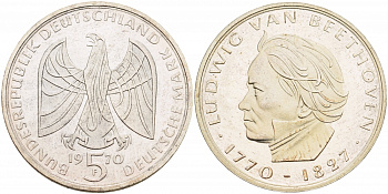 ФРГ 5 марок 1970 F. 200 лет со дня рождения Людвига ван Бетховена KM 127, J. 408 серебро PROOF 1087-3-11