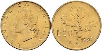 Италия 20 лир 1991 R, дубовый лист KM 97.2 алюминиевая бронза  UNC  4594-838