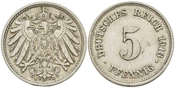 ГЕРМАНИЯ 5 ПФЕННИГОВ 1913 E KM 11, J. 12 медно-никель 105-162
