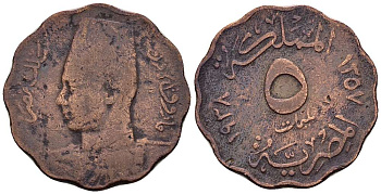 ЕГИПЕТ 5 МИЛЛИМОВ 1938 АН 1357, ФАРУК I (1936-1952) KM 360 бронза 4511-121