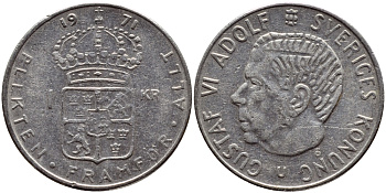 Швеция 1 крона 1971 Густав VI Адольф (1950-1973) KM 826a медь плакированная медно-никелем 4388-1257