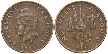 Французская Новая Каледония 100 франков 1991 хижина среди сосен и пальм, (IEOM) KM 15, Schoen 16, Lec 136 никель бронза 88-646
