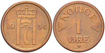 НОРВЕГИЯ 1 ЭРЕ 1954 ХОКОН VII (1905-1957) KM 398 бронза 4516-762