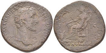 Римская Империя сестерций 151 - 152 Антонин Пий, бюст императора, IMP CAES T AEL HADR ANTONINVS AVG PIVS P P / Аннона, покровительница хлебного урожая, TR POT XV COS IIII S C ANNONA AVG, Рим (из немецкой коллекции 1-й половины XX века) RIC 891 бронза 1073