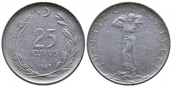 Турция 25 курушей 1969 KM 892.3 нержавеющая сталь 4539-1244