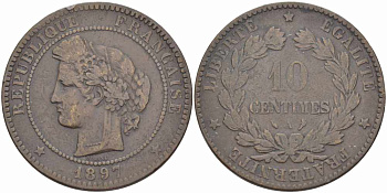 ФРАНЦИЯ 10 САНТИМОВ 1897 А, ТРЕТЬЯ РЕСПУБЛИКА (1871-1940) KM 815.1, LE FRANC 135.44 бронза 109-434