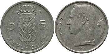 БЕЛЬГИЯ 5 ФРАНКОВ 1958 BELGIQUE KM 134.1 медно-никель 98-626