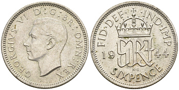 Великобритания 6 пенсов 1944 Георг VI (1936-1952) KM 852, Spink 4084 серебро    4602-628