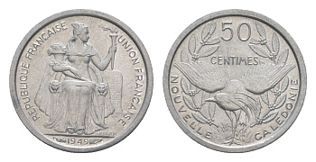 Французская Новая Каледония 50 сантимов 1949 птица кагу, заморские территории KM 1 алюминий  aUNC  4640-865