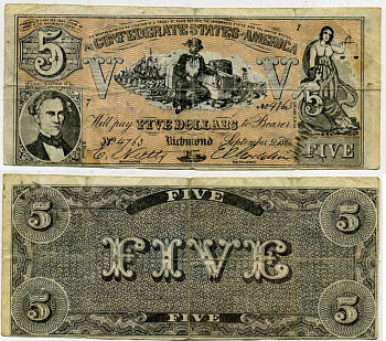 США КОНФЕДЕРАТЫ 5 ДОЛЛАРОВ 1861 UNC 445-33-3