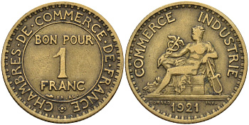 Франция 1 франк 1921 KM 876, Le Franc 218.5 алюминиевая бронза 4142-555