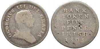 ИРЛАНДИЯ 5 ПЕНСОВ 1805 БАНК ИРЛАНДИИ, ТОКЕН, ГЕОРГ III KM Tn2 серебро 1524-641