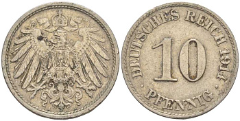 ГЕРМАНИЯ 10 ПФЕННИГОВ 1914 A KM 12, J. 13 медно-никель 33-956