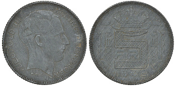 Бельгия 5 франков 1945 Belgen, редкая KM 130 цинк 4163-527